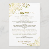 Elegante Goldcurls & Wirbel auf der White Wedding Menükarte (Vorderseite)