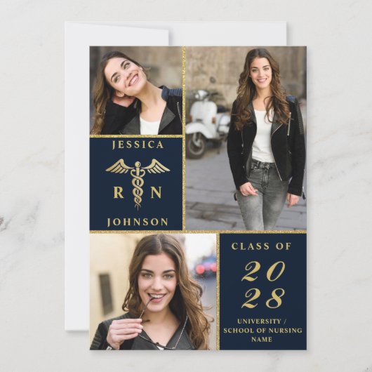 Elegante Golden 3 FOTO Nursing Graduation Party Einladung (Vorderseite)