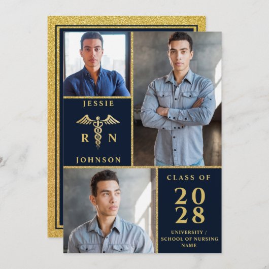 Elegante Golden 3 FOTO Nursing Graduation Party Einladung (Vorne/Hinten)