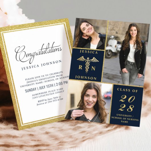 Elegante Golden 3 FOTO Nursing Graduation Party Einladung