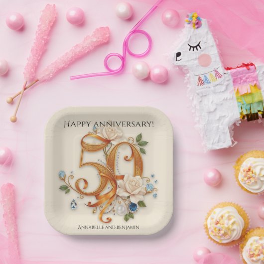 Elegante Golden 50 Jahre Jubiläumsfeier Pappteller (Party)