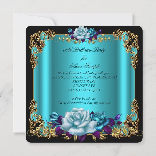 Elegante Golden Aquamarin Blue Lila Rose Geburtsta Einladung (Rückseite)
