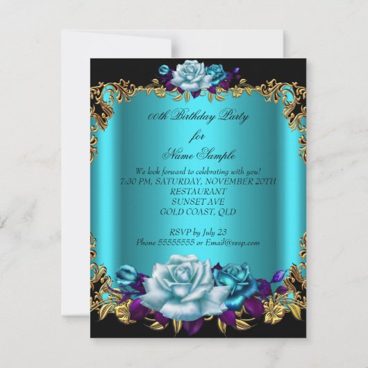 Elegante Golden Aquamarin Blue Lila Rose Geburtsta Einladung (Rückseite)