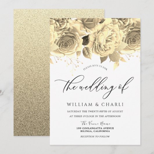 Elegante Golden Blume Einladung (Vorne/Hinten)