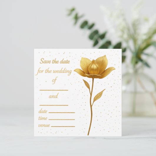 Elegante Golden Blume Flat Save the Date Card (Stehend Vorderseite)