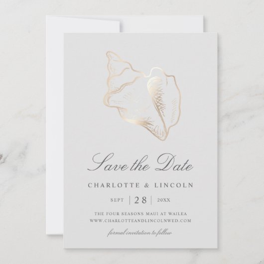 Elegante Golden Conch Muschel Hochzeit Save The Date (Vorderseite)