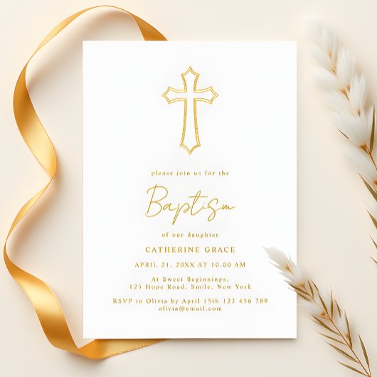 Elegante Golden Cross Typografy Taufe Folieneinladung