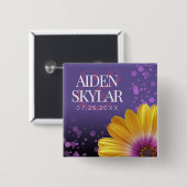 Elegante Golden Daisy mit Lila Glitzer Hochzeit Button (Vorne & Hinten)