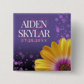 Elegante Golden Daisy mit Lila Glitzer Hochzeit Button (Vorderseite)