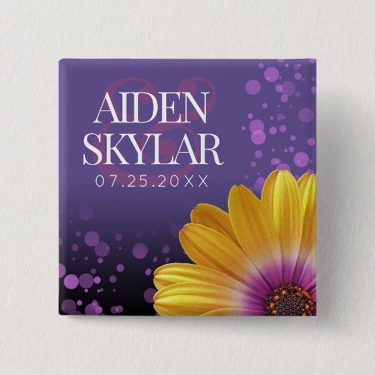 Elegante Golden Daisy mit Lila Glitzer Hochzeit Button (Vorderseite)