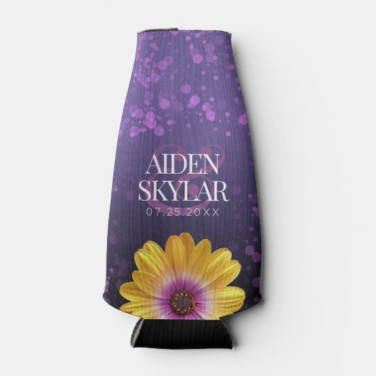 Elegante Golden Daisy mit Lila Glitzer Hochzeit Flaschenkühler (Vorderseite)