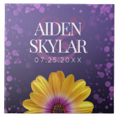 Elegante Golden Daisy mit Lila Glitzer Hochzeit Fliese (Vorderseite)