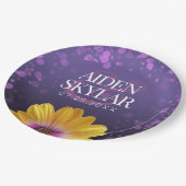 Elegante Golden Daisy mit Lila Glitzer Hochzeit Pappteller (Schrägansicht)