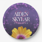 Elegante Golden Daisy mit Lila Glitzer Hochzeit Pappteller (Vorderseite)