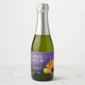 Elegante Golden Daisy mit Lila Glitzer Hochzeit Schaumweinetikett (Vorderseite)