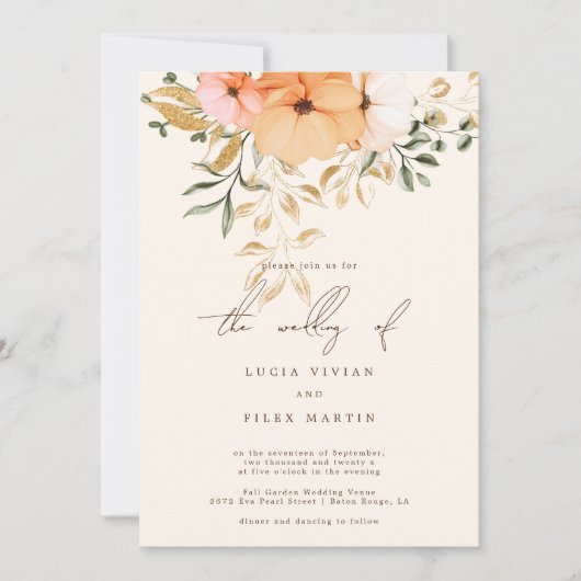 Elegante Golden Fall Blume Hochzeit Einladung (Vorderseite)
