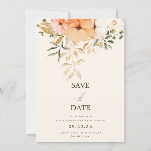 Elegante Golden Fall Blume Save the Date Einladung (Vorderseite)