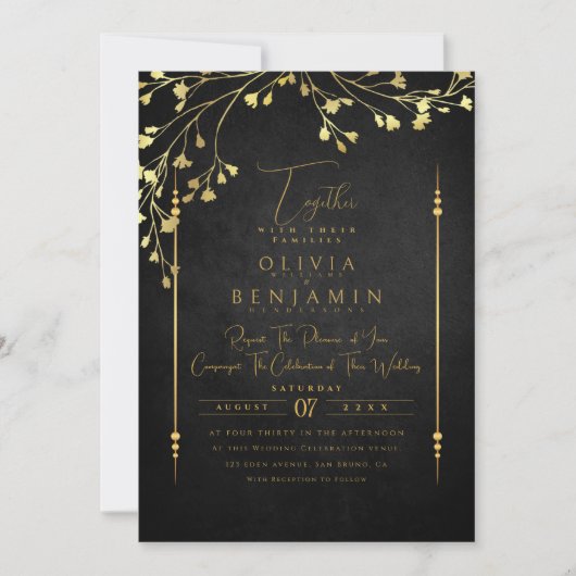Elegante Golden Florales Rahmen Hochzeit Einladung (Vorderseite)