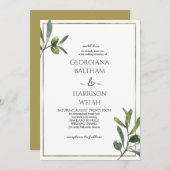 Elegante Golden Frame & Olive Blätter Hochzeit Einladung (Vorne/Hinten)