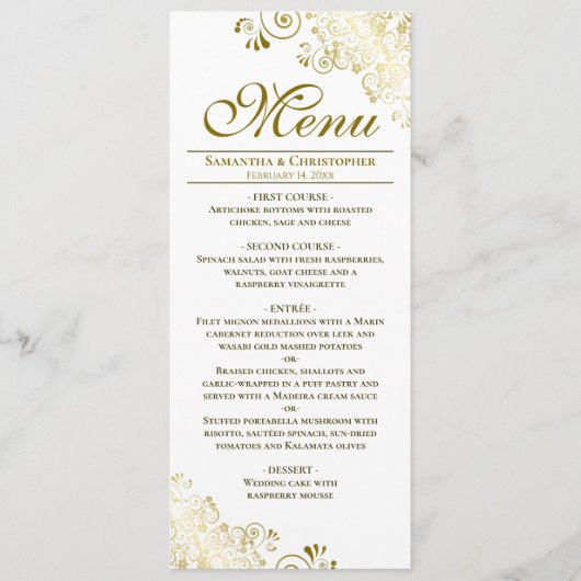 Elegante Golden Frilles auf der White Wedding Menükarte (Vorderseite)