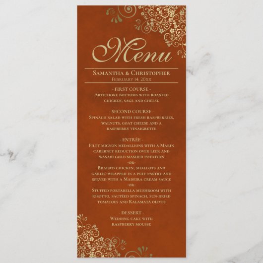 Elegante Golden Frills on Rust Orange Wedding Menükarte (Vorderseite)