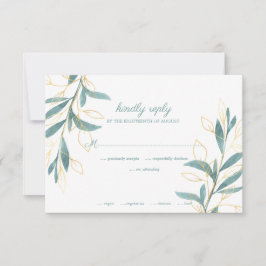 Elegante Golden Green Watercolor Blues Hochzeit RSVP Karte