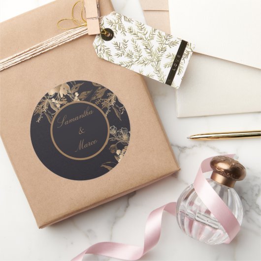 Elegante Golden Metallic Rose Floralhochzeit Runder Aufkleber (Schenken)