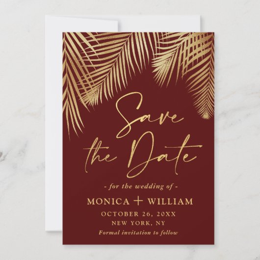 Elegante Golden Palm Branch Wedding Save The Date (Vorderseite)