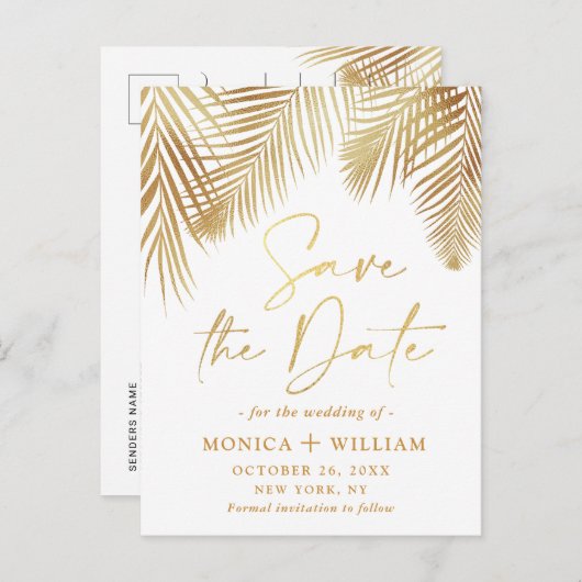 Elegante Golden Palm Branch Wedding Save the Date Ankündigungspostkarte (Vorne/Hinten)