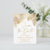 Elegante Golden Palm Branch Wedding Save the Date Ankündigungspostkarte (Stehend Vorderseite)