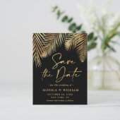 Elegante Golden Palm Branch Wedding Save the Date Postkarte (Stehend Vorderseite)