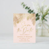 Elegante Golden Palm Branch Wedding Save the Date Postkarte (Stehend Vorderseite)