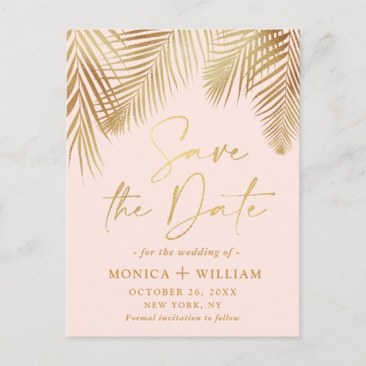 Elegante Golden Palm Branch Wedding Save the Date Postkarte (Vorderseite)