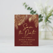 Elegante Golden Palm Branch Wedding Save the Date Postkarte (Stehend Vorderseite)