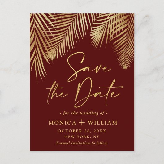 Elegante Golden Palm Branch Wedding Save the Date Postkarte (Vorderseite)