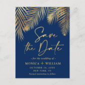 Elegante Golden Palm Branch Wedding Save the Date Postkarte (Vorderseite)