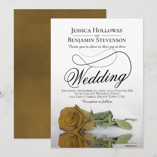 Elegante Golden Rose Classy Script Wedding Einladung (Vorne/Hinten)