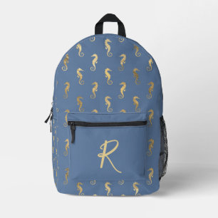 Elegante Golden Seepferde auf Blauem Personalisier Bedruckter Rucksack