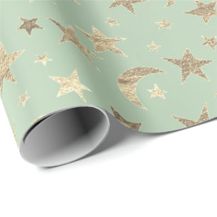 Elegante Golden Stars Moon Mint Grüne Champaigne Geschenkpapier