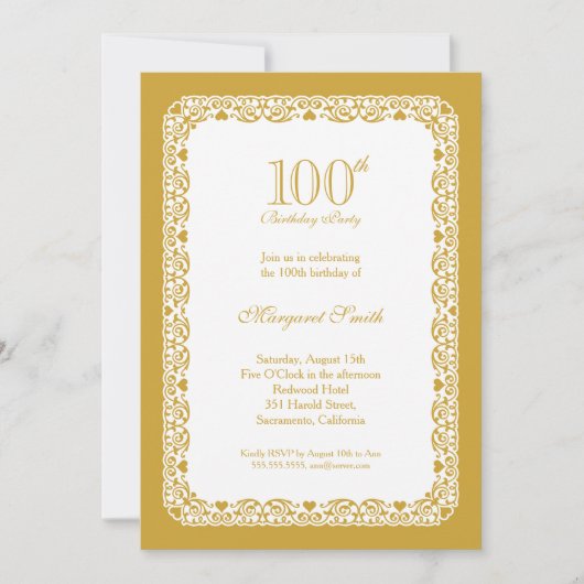 Elegante goldene 100. Geburtstagsparty Einladung (Vorderseite)