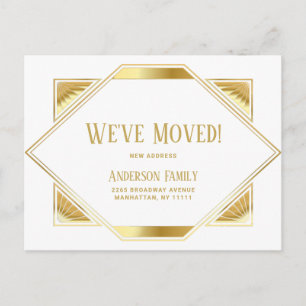 Elegante goldene Art Deco-Umsiedlungsanzeige Postkarte