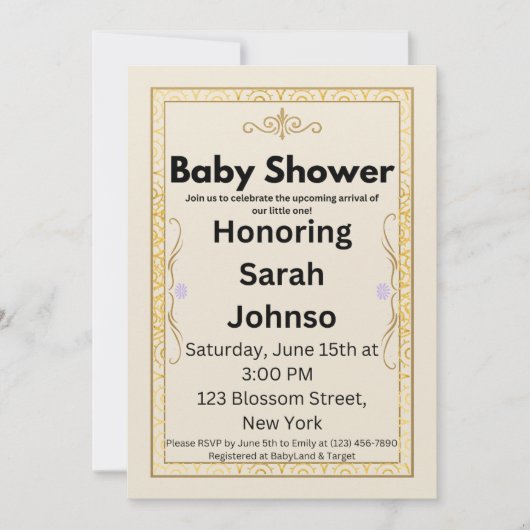 Elegante Goldene Babyparty-Einladungsvorlage Save The Date (Vorderseite)
