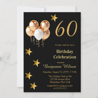 Elegante goldene Ballons auf schwarzer 60. Geburts Einladung