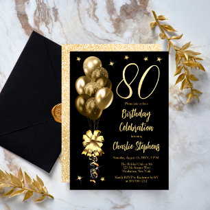 Elegante goldene Ballons auf schwarzer 80. Geburts Einladung
