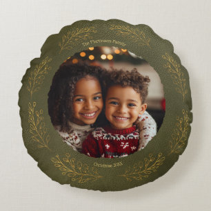 Elegante goldene Blätter Familienfoto Weihnachten Rundes Kissen