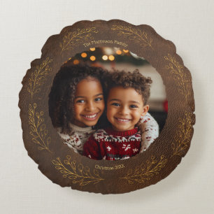 Elegante goldene Blätter Familienfoto Weihnachten  Rundes Kissen