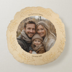 Elegante goldene Blätter Familienfoto Weihnachten Rundes Kissen