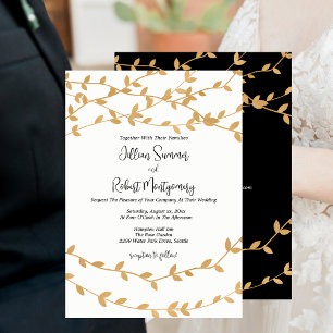 Elegante Goldene Blätter Schwarze Weiße Hochzeit Einladung
