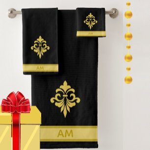Elegante goldene Blume, Monogramm und Streifen auf Badhandtuch Set