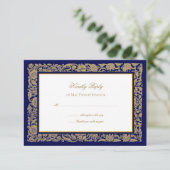 Elegante goldene Blume und dunkelblaue Hochzeit RSVP Karte (Stehend Vorderseite)
